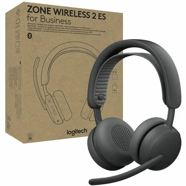 Graphite wireless headset with padded ear cups and flip-up mic boom