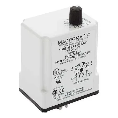 Grey rectangular relay with eight flat pins, octal base, potentiometer dial and 240V AC markings