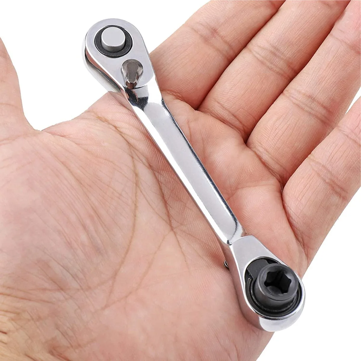 Silver stainless steel mini ratchet wrench with dual heads and textured handle