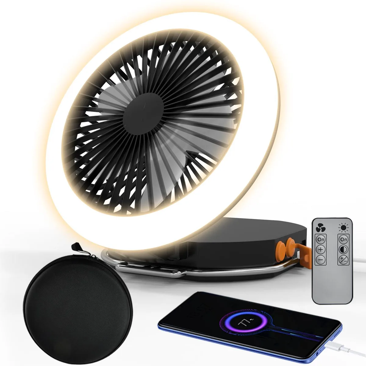 Silver portable outdoor fan with folding hook, magnetic base, remote and carry bag