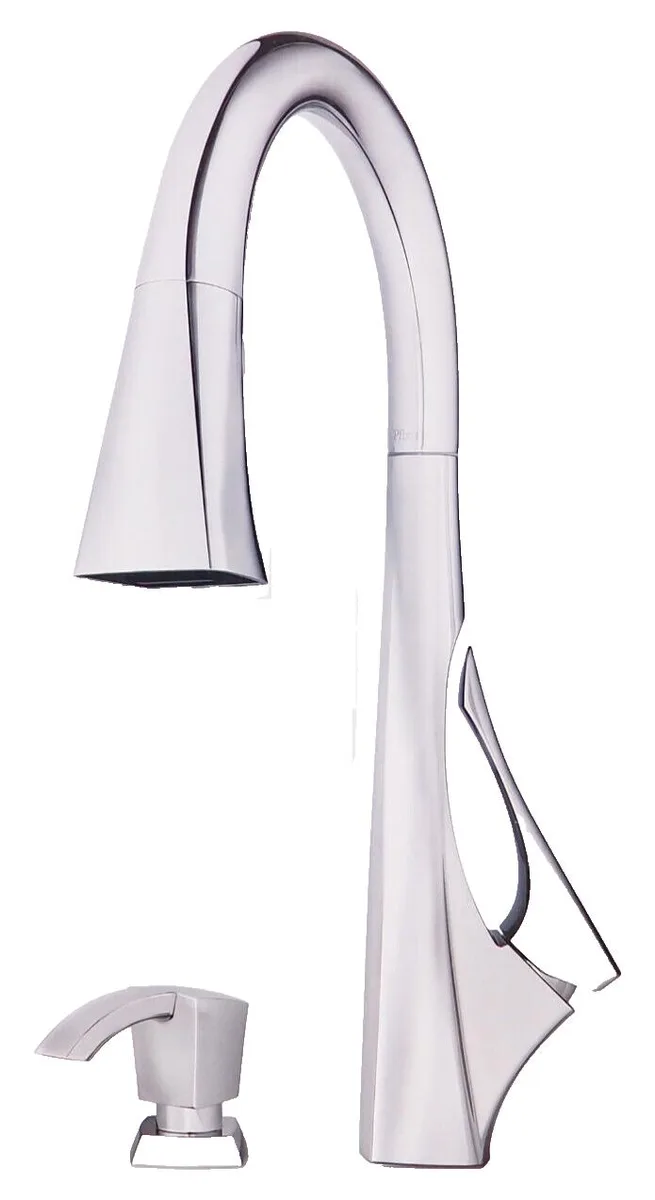 Pfister Pfister F5297VNC kitchen faucet, pull-down sprayer, soap dispenser, high Arc, brushed chrome, 360° swivel — product photo