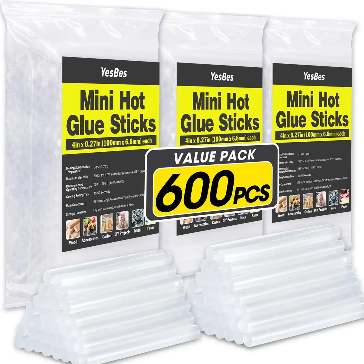 Box of 600 clear mini hot glue sticks, 4 inch by 0.27 inch diameter