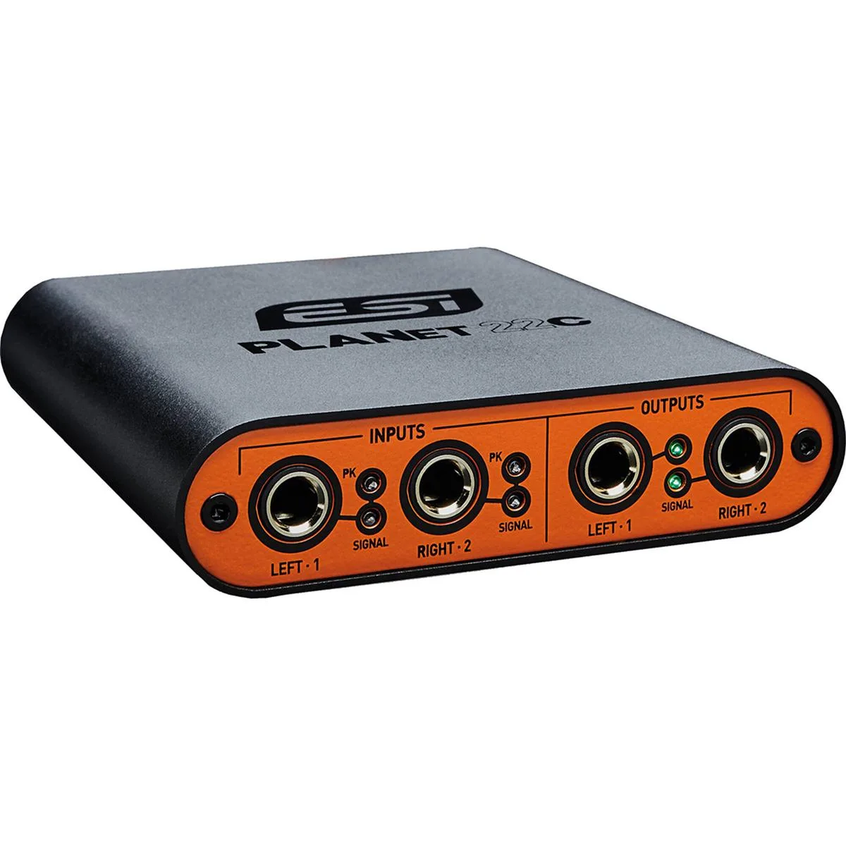 Compact silver audio interface box with front panel controls and rear connections