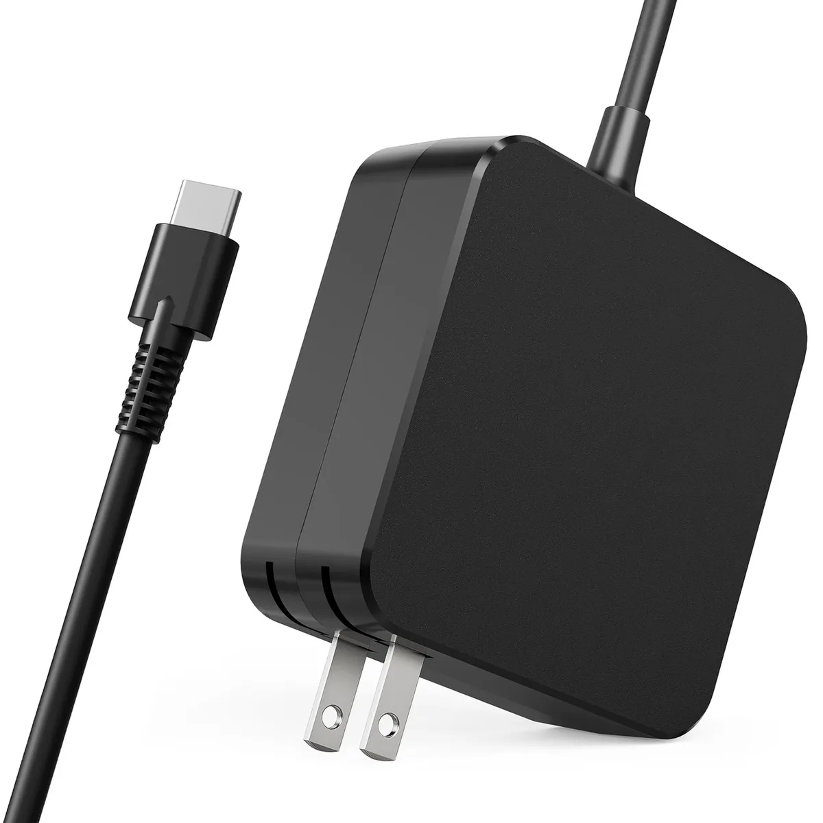 Compact white GaN charger with foldable plug and attached 6ft USB-C cable