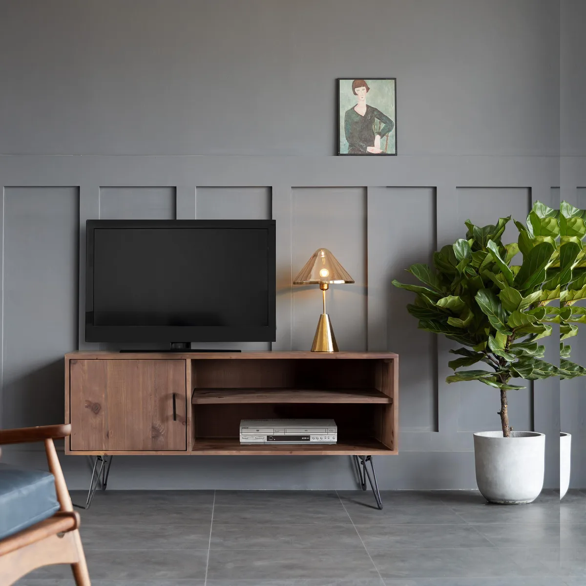 Natural reclaimed wood TV stand with side cabinet and two open shelves