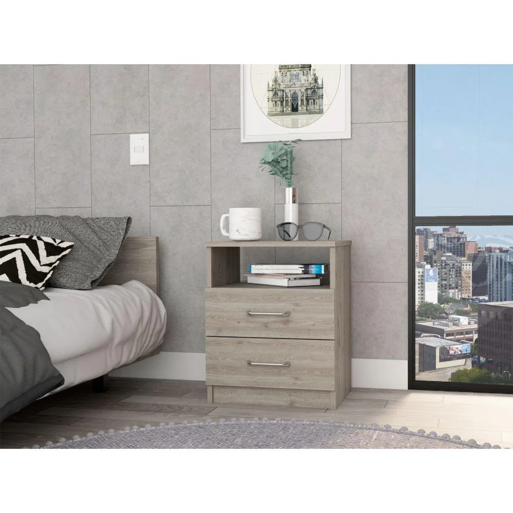 Light gray nightstand with two drawers and open shelf