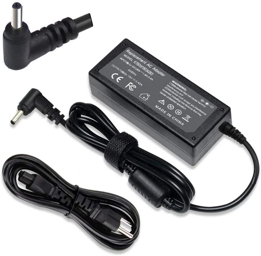 Black rectangular AC adapter with 1.1x3.0mm barrel connector and three-prong power cord