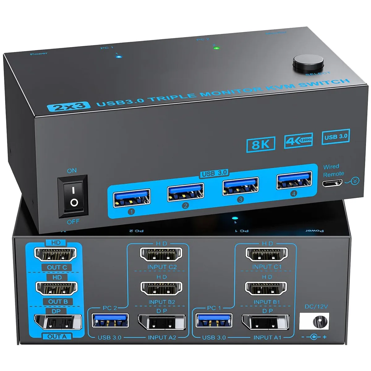 IHDAPP IHDAPP KVM Switch 2 PC 3 Monitors 2 HDMI DP 4K144Hz 8K60Hz USB 3.0 Wired Remote — product photo