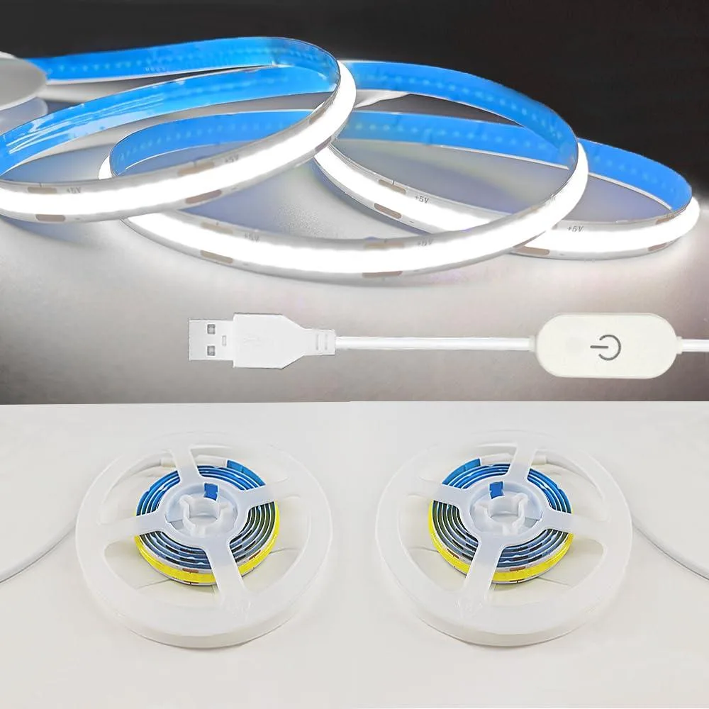 Two white COB LED strips 3.28FT each with USB plug and touch controller