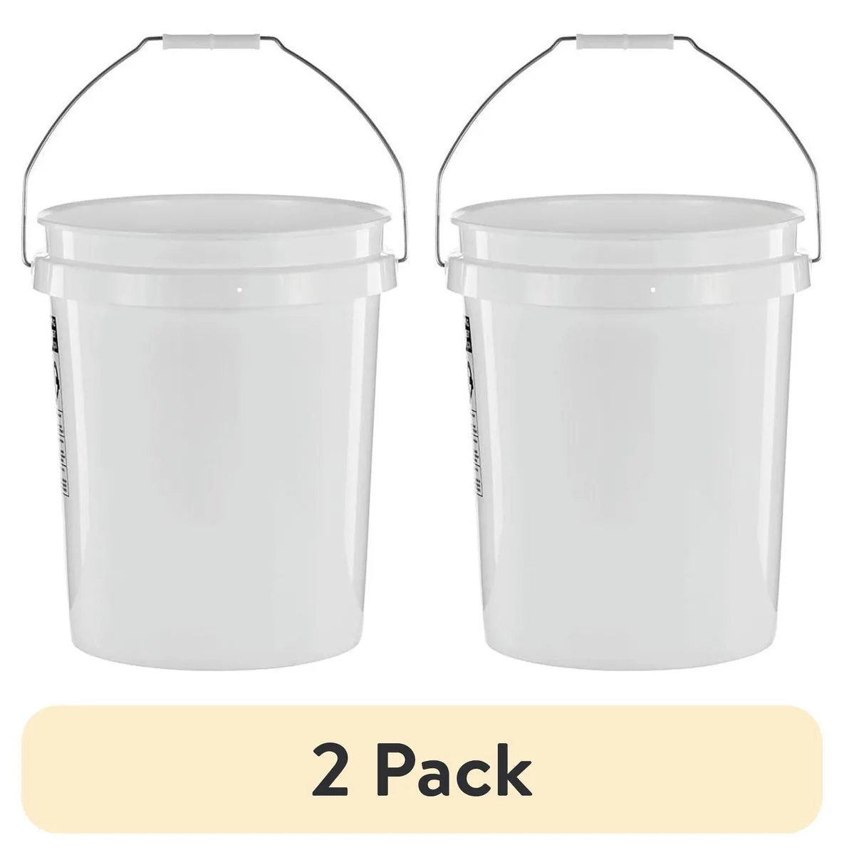 Two white 5-gallon plastic buckets with metal handles and plastic grips, nested together