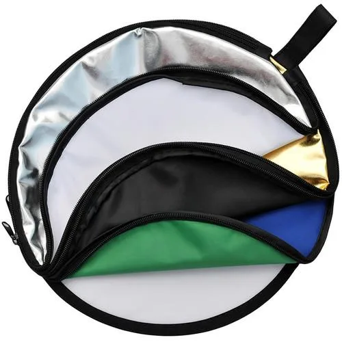 Round 32-inch collapsible reflector disc with seven interchangeable fabric panels in white, silver, gold, black, translucent