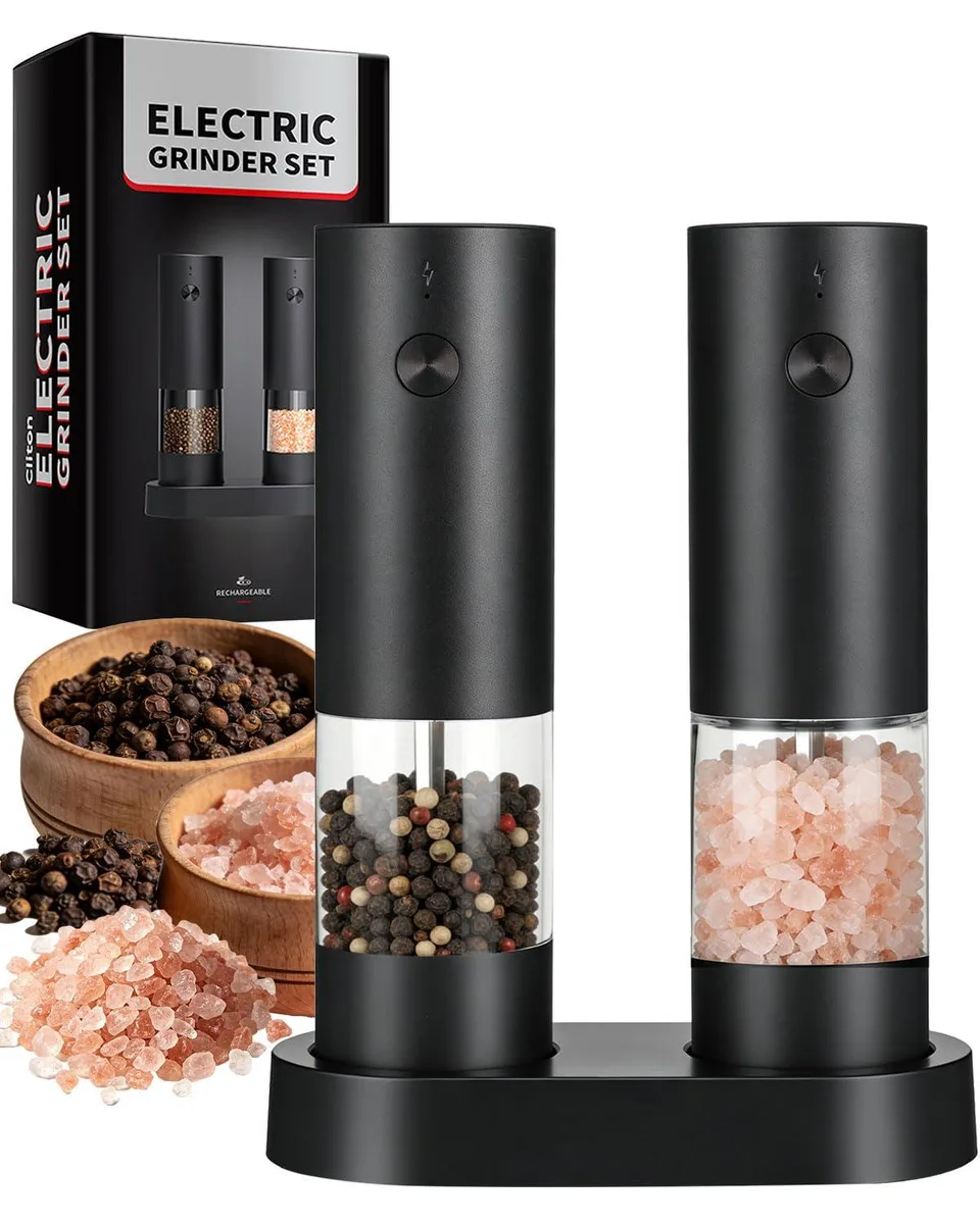 Two black ABS electric grinders, 5.51 in wide, 7.28 in tall