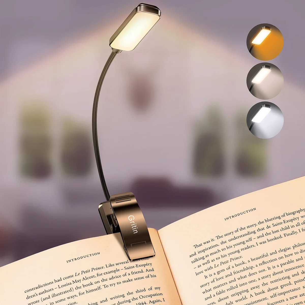 Small clip-on book light with flexible gooseneck, matte finish, nine LEDs, four power indicators