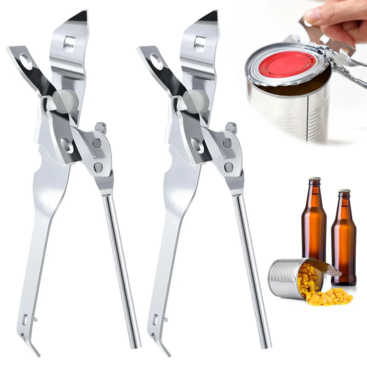 Two stainless steel manual can openers with bottle opener hooks, side-cut design, 6.3 inches long