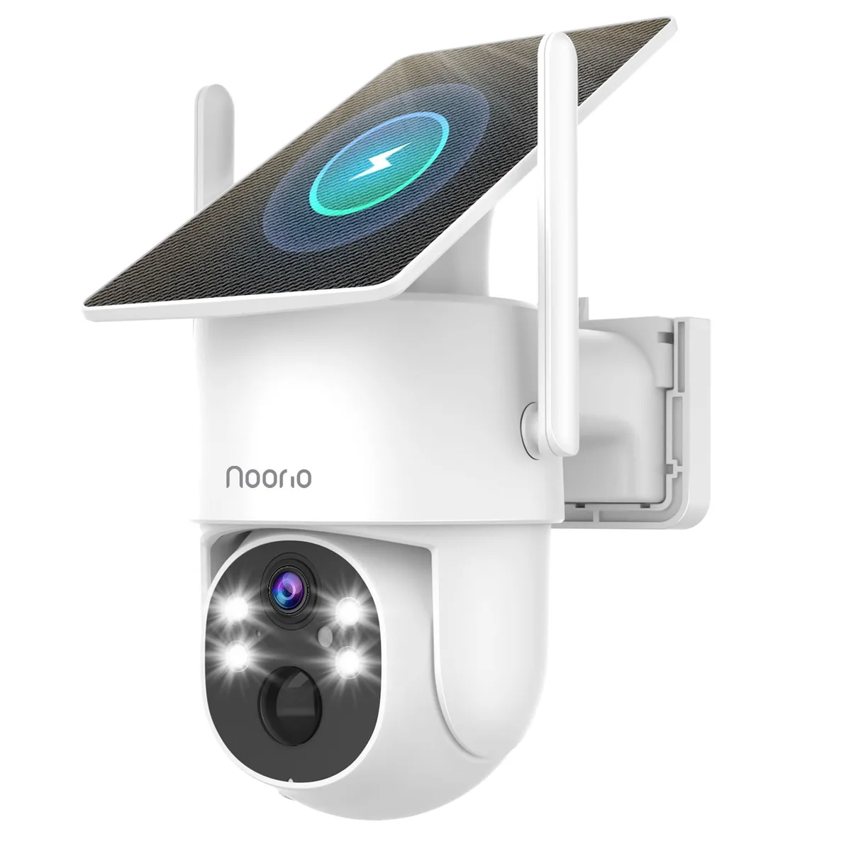 White cylindrical PTZ camera with fixed rectangular solar panel on top, wall-mount bracket attached