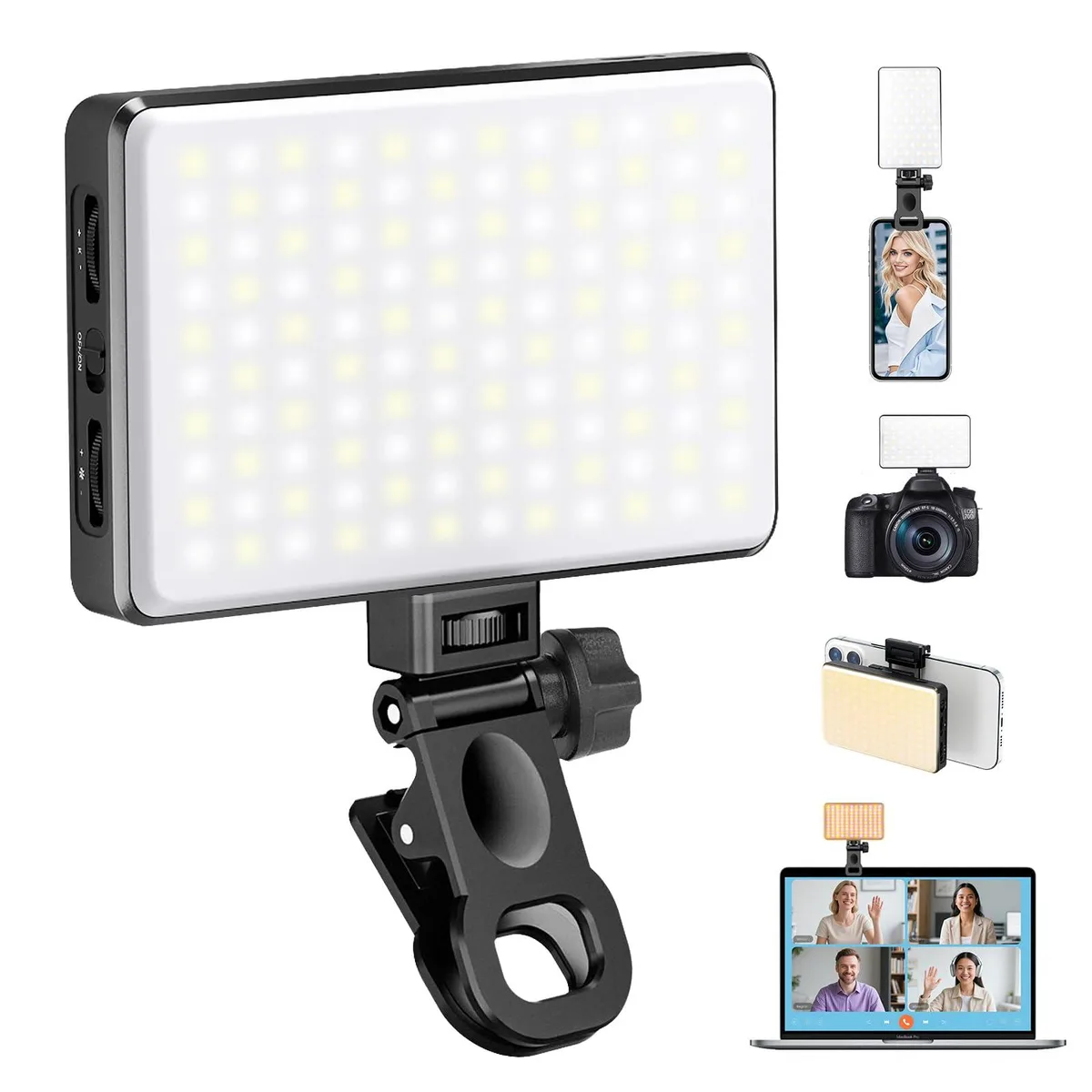 Compact black LED panel with clip mount, 168 lights, USB-C charging