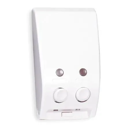 White wall-mounted dual-reservoir soap dispenser, ABS plastic, push-in valve operation