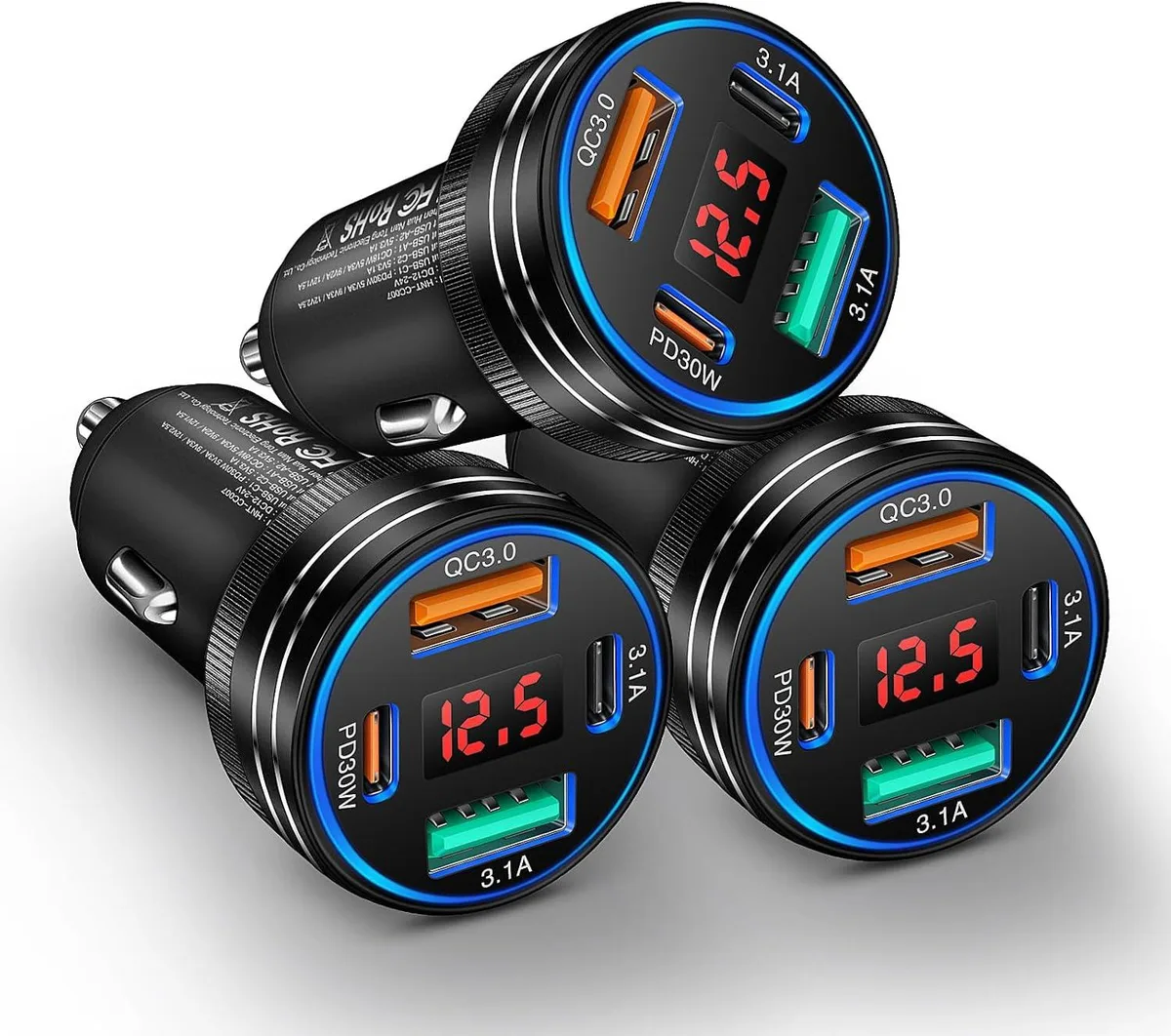 Hamzan Hamzan 3-Pack 65W 4-Port Car Charger USB-C USB-A Voltage Display 12-24V — product photo