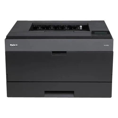 White rectangular desktop laser printer with front paper tray and top output bin