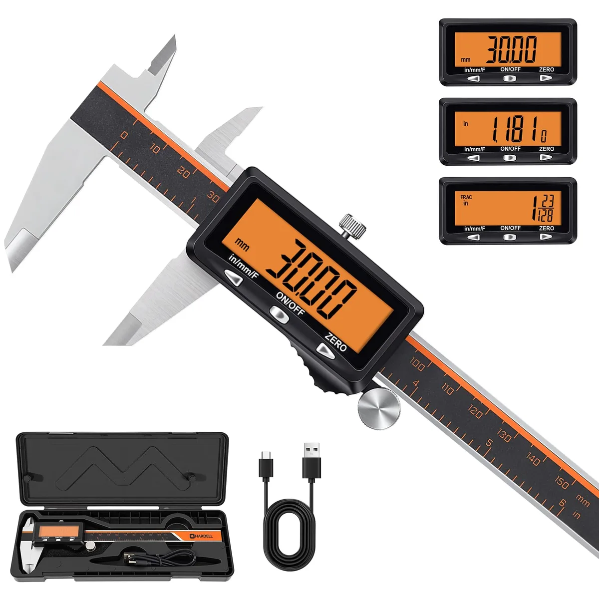 Digital Caliper Rechargeable 6 inch Orange Screen 0.01mm 0.02mm — product photo