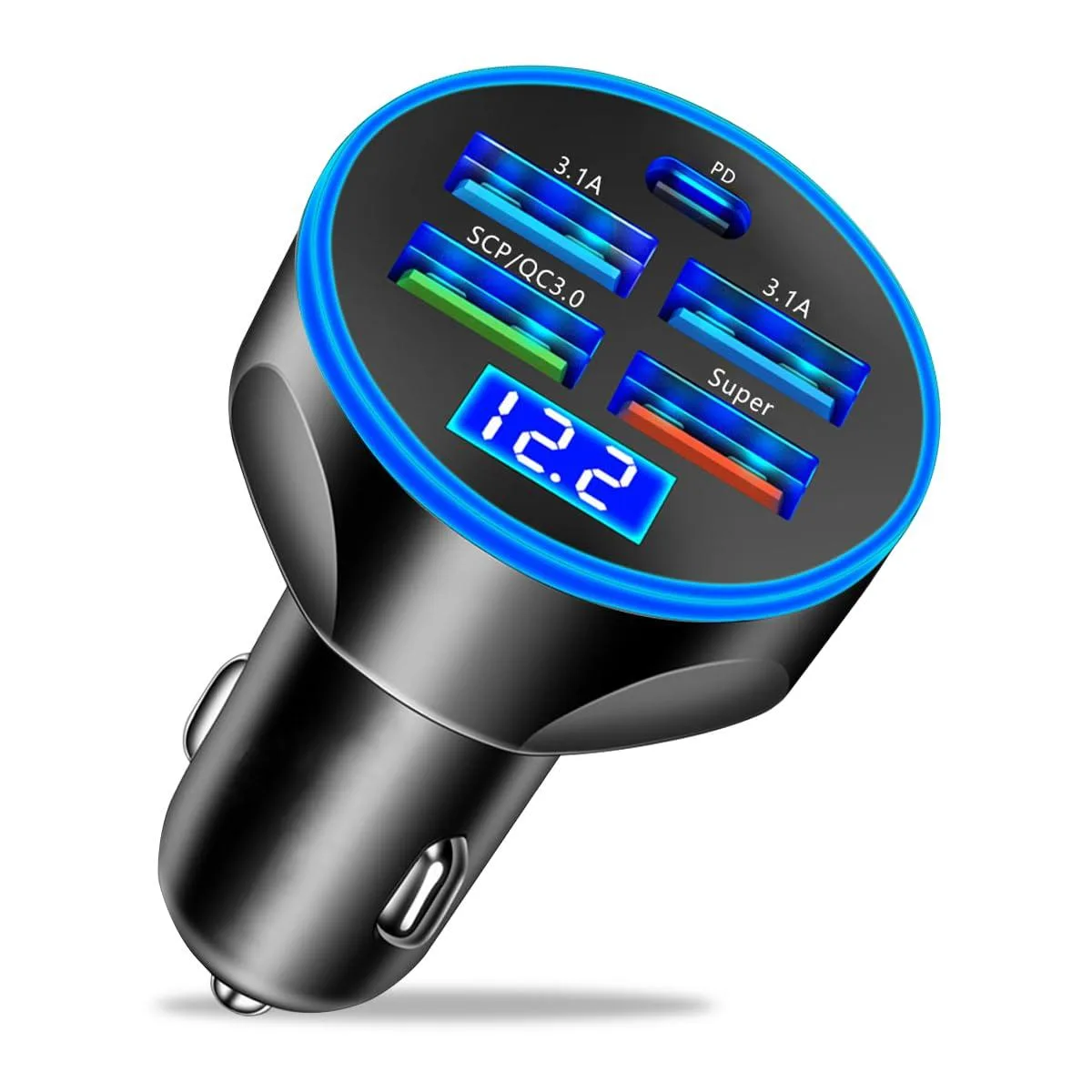 Moioee 5 Port USB Car Charger 250W 4USB+Type C LED Voltage Monitor Black — product photo