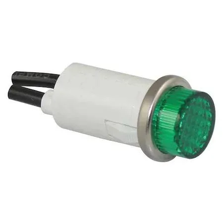 Green raised panel indicator light with stainless steel bezel and wire leads