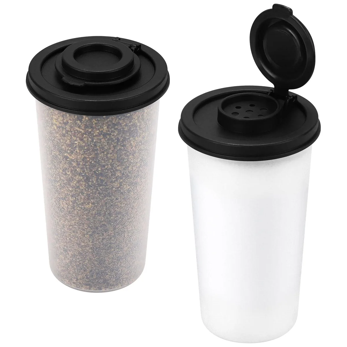 Pair of transparent 4.75 oz salt and pepper shakers with snap-tight lids