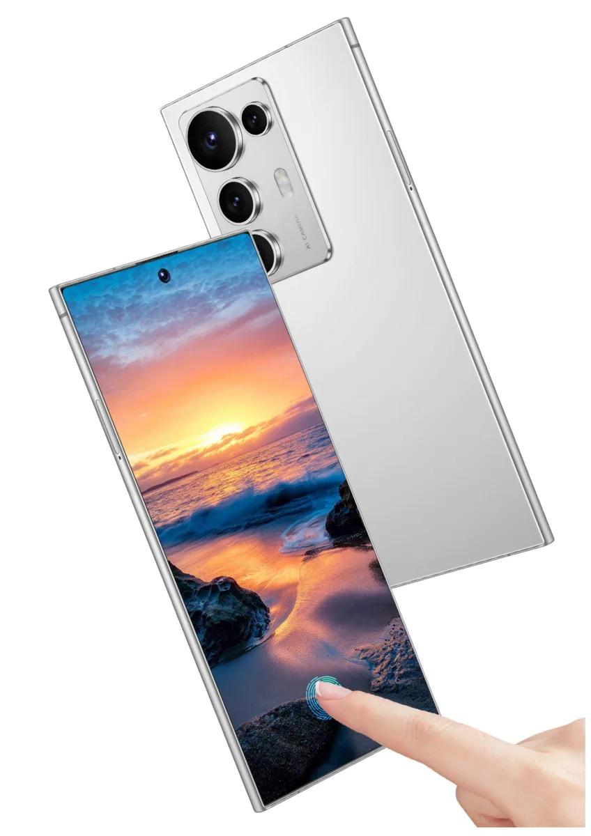 White smartphone with large 7.3 inch touchscreen, dual SIM slots, USB Type-C port, protective case and film included
