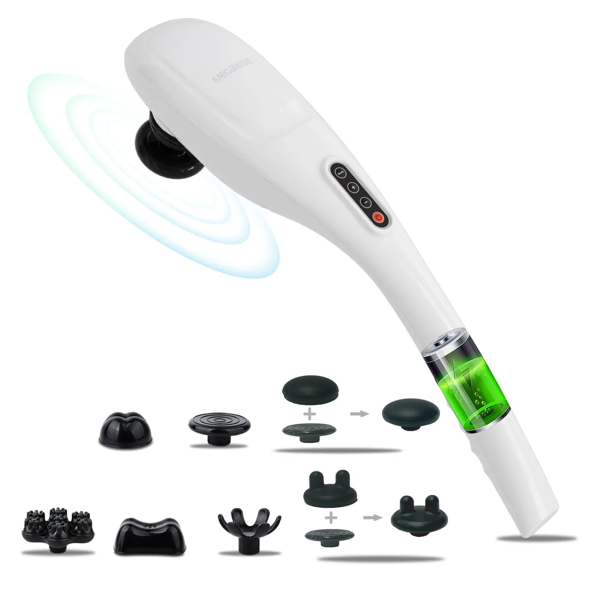 Off-white cordless handheld massager with ergonomic handle and textured head