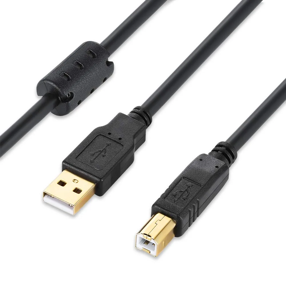Black USB 2.0 Type A to Type B printer cable, 20 ft long with gold-plated male connectors
