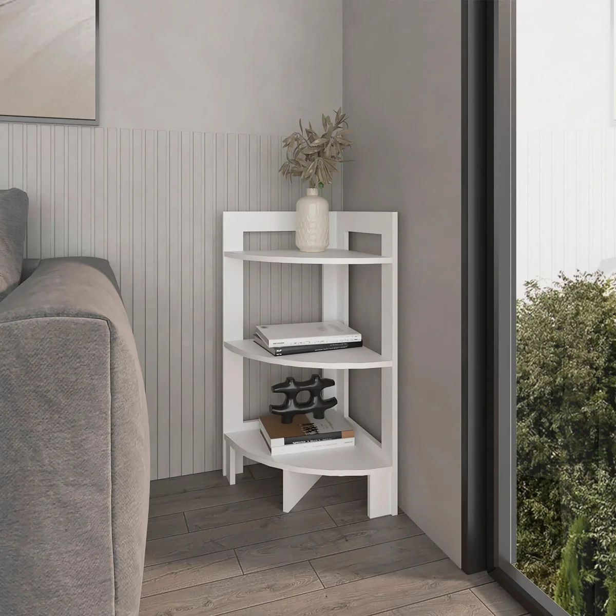 White three-tier corner shelf unit with open shelves