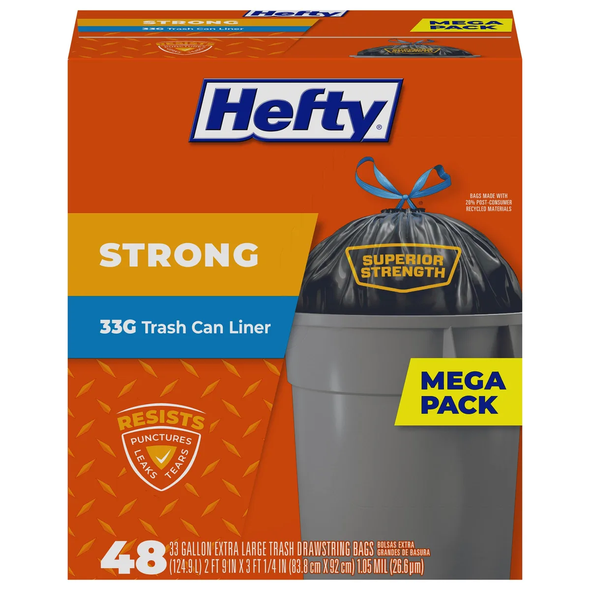 Box of 48 black 33 gallon drawstring trash bags 1.05 mil thick