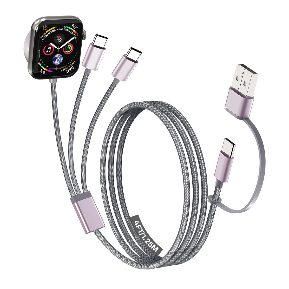  GonxiFacai 3-in-2 USB-C Multi Charging Cable Grey 5ft — product photo