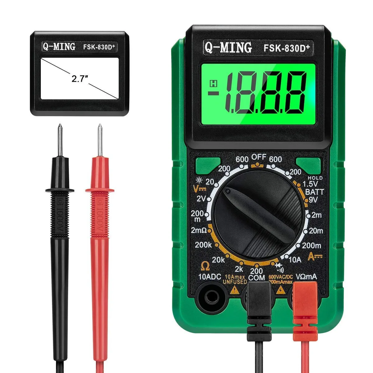 Green pocket digital multimeter with 2.7 inch backlit LCD display