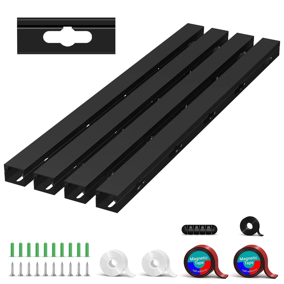Four black plastic cord covers 15.7 in long with magnetic adhesive mounting