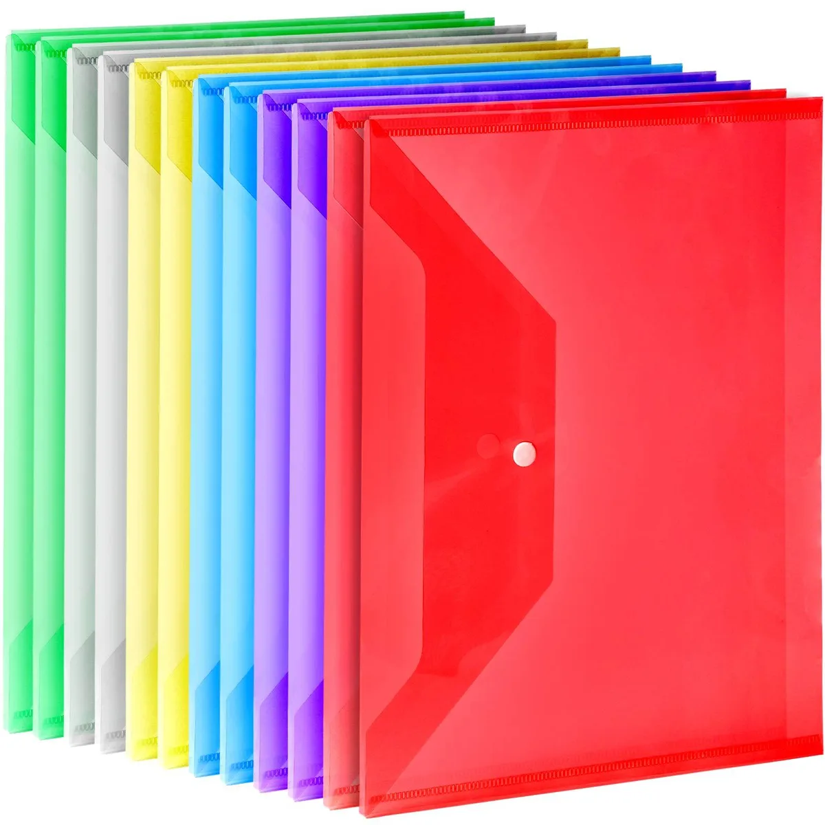 Twelve transparent A4 wallet folders with snap closures in six colors