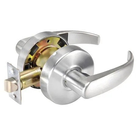 Satin chrome lever lockset with curved handle, cylindrical body, no keyhole