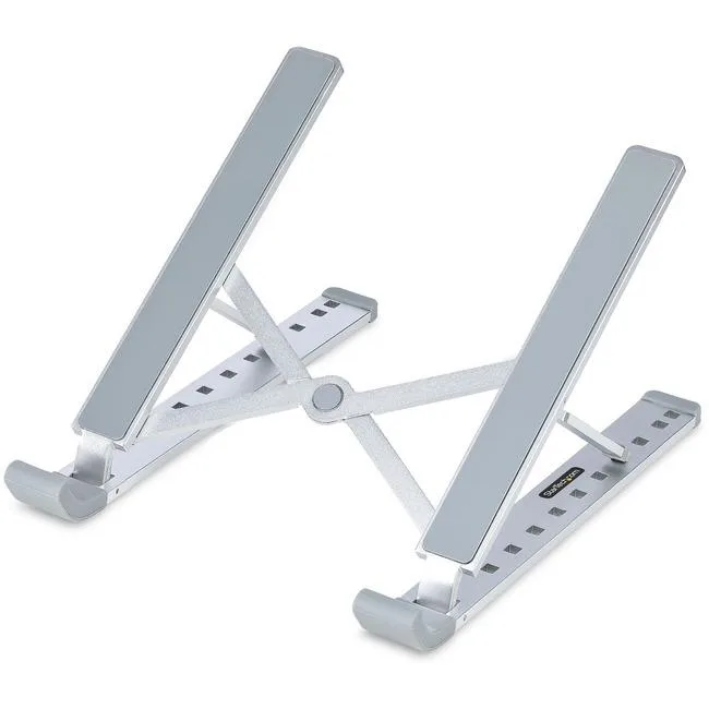 Silver foldable laptop riser stand with adjustable width and angle settings, collapsed in storage pouch