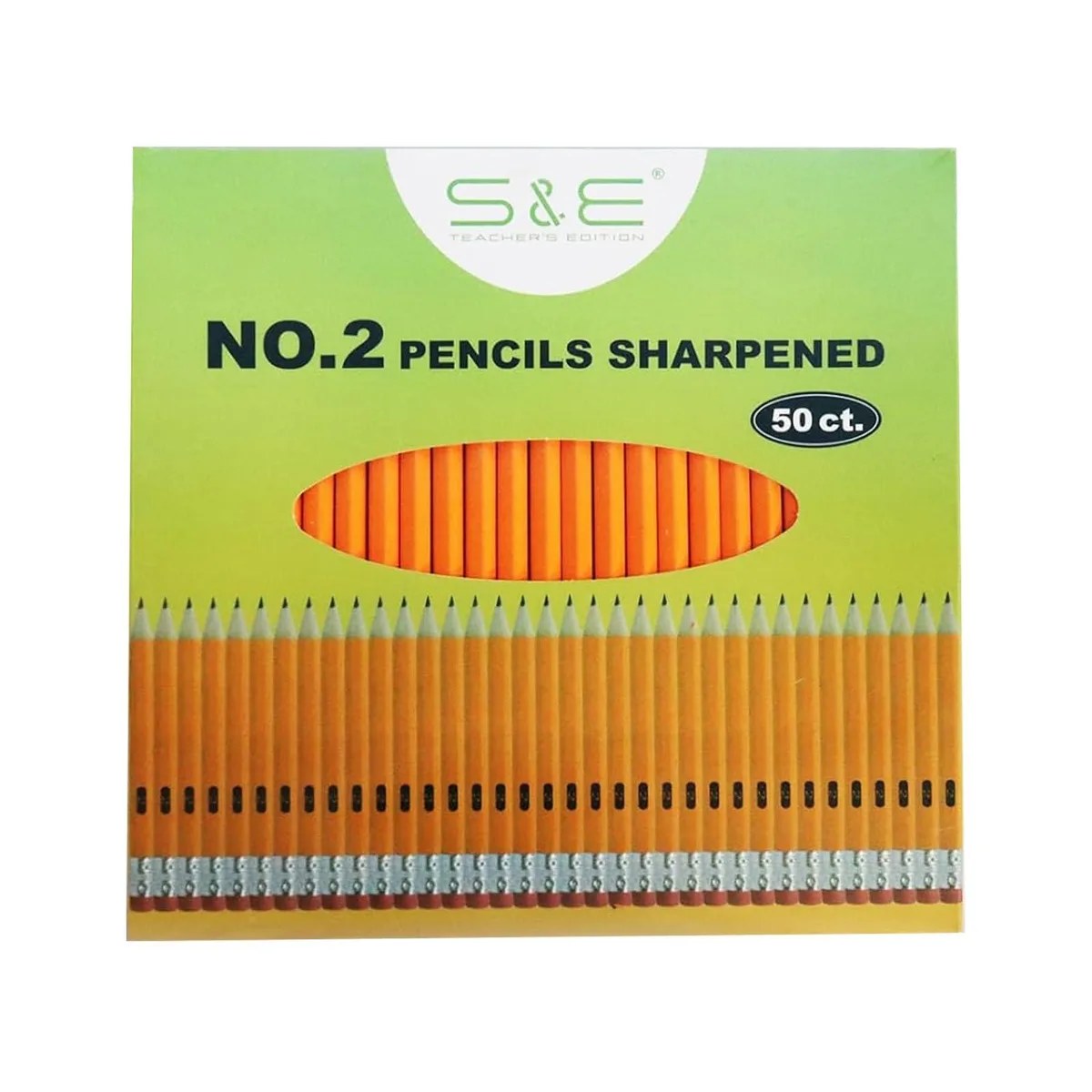 A rectangular cardboard box holding fifty hexagonal wooden pencils with pink erasers