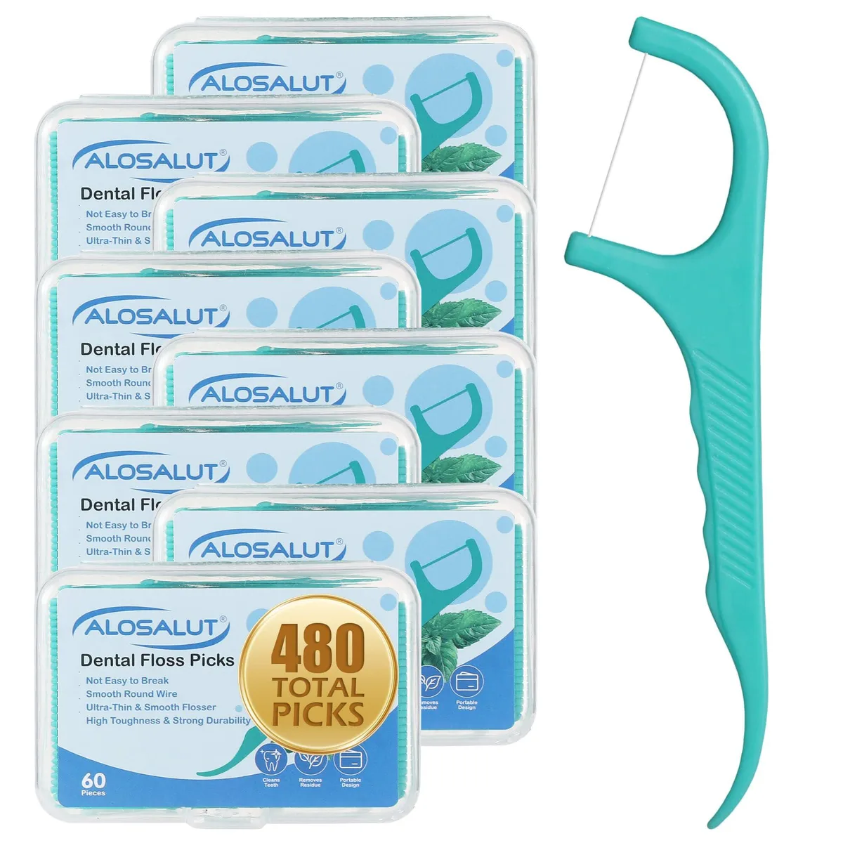 Eight small boxes of mint floss picks with dual toothpick handles