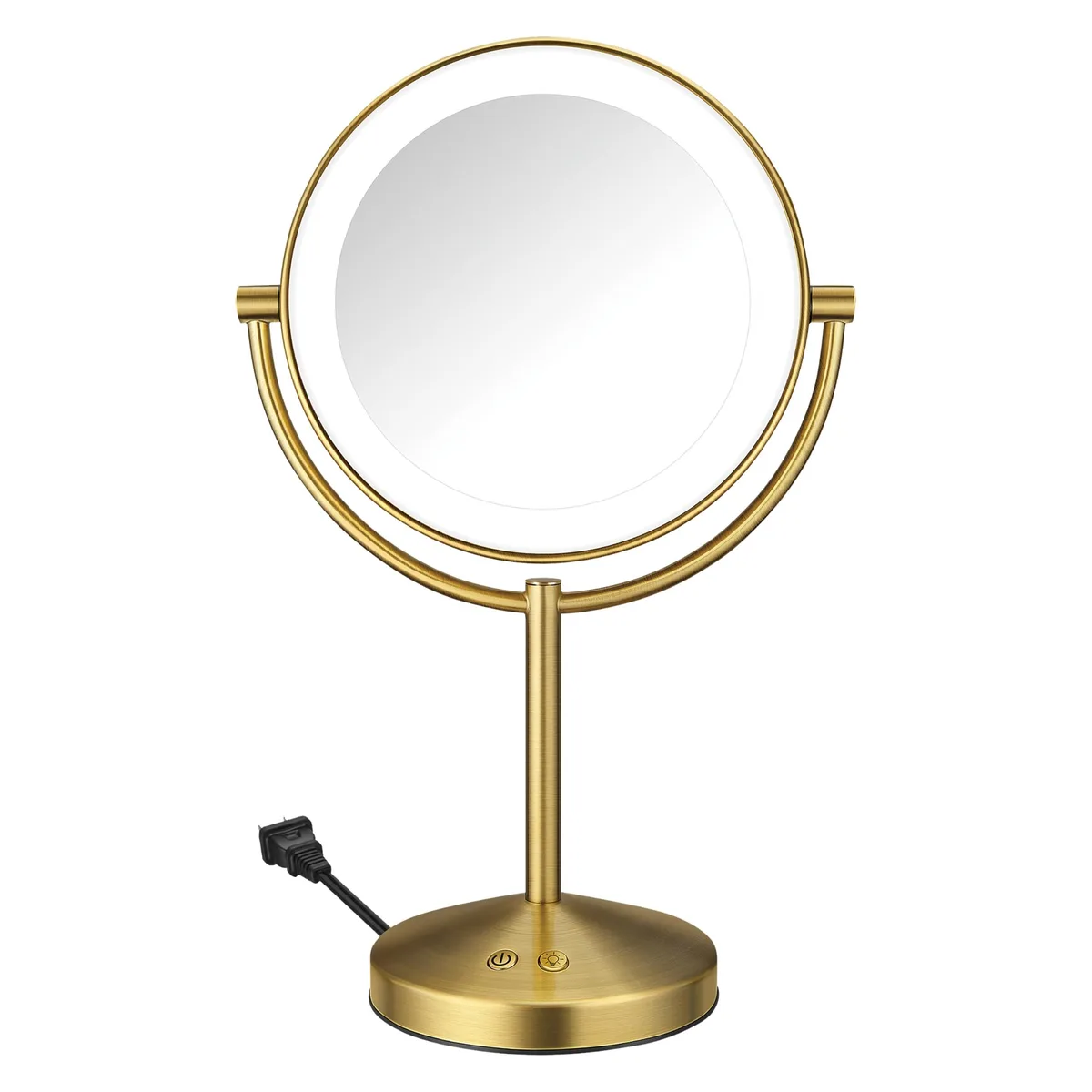 Double-sided LED vanity mirror with brushed brass finish, 10x magnification side, 8.5 inch viewing area, 360 degree rotation