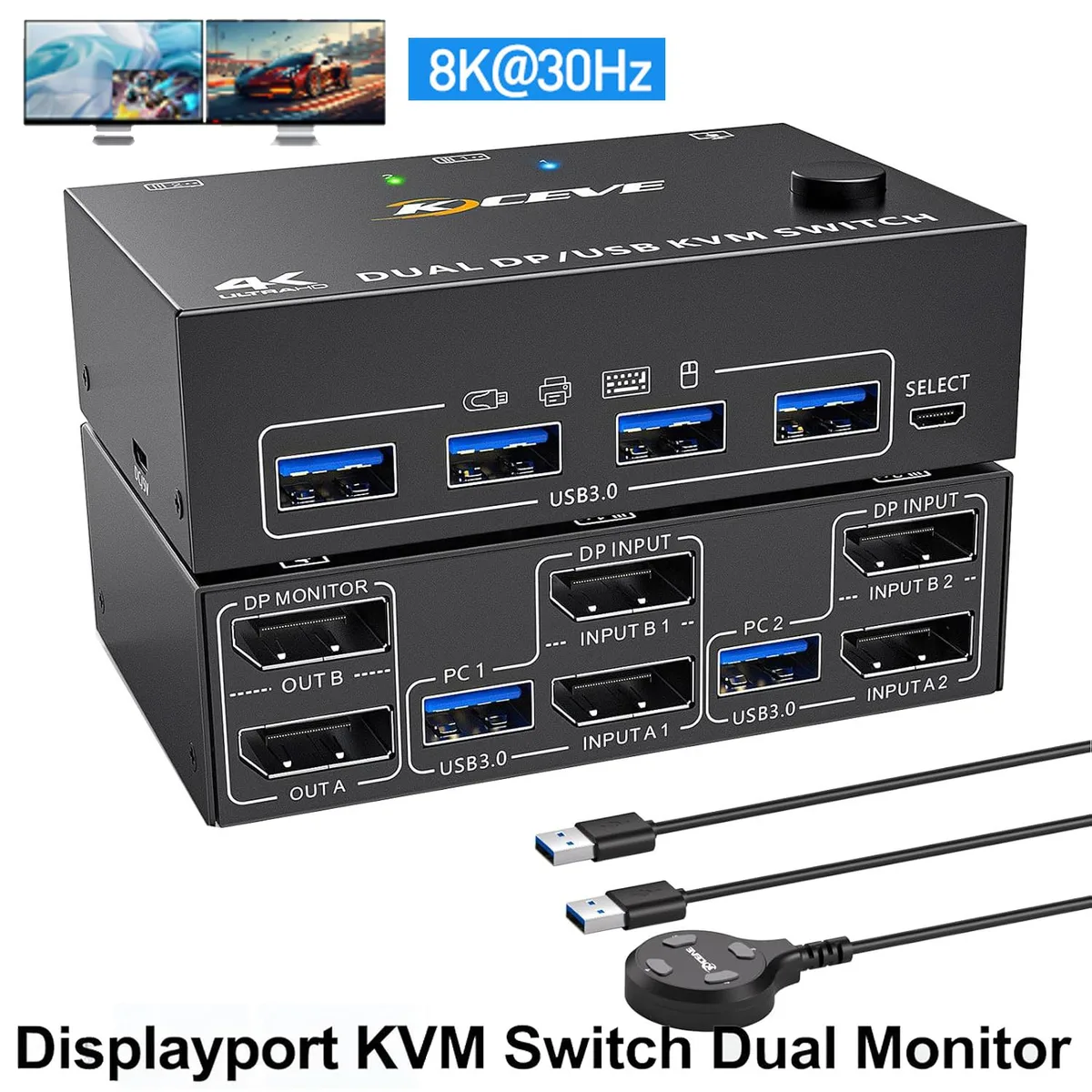 AUTYUE AUTYUE DP KVM Switch 2×2 8K@30Hz 4K@144Hz USB 3.0 Wired Remote — product photo
