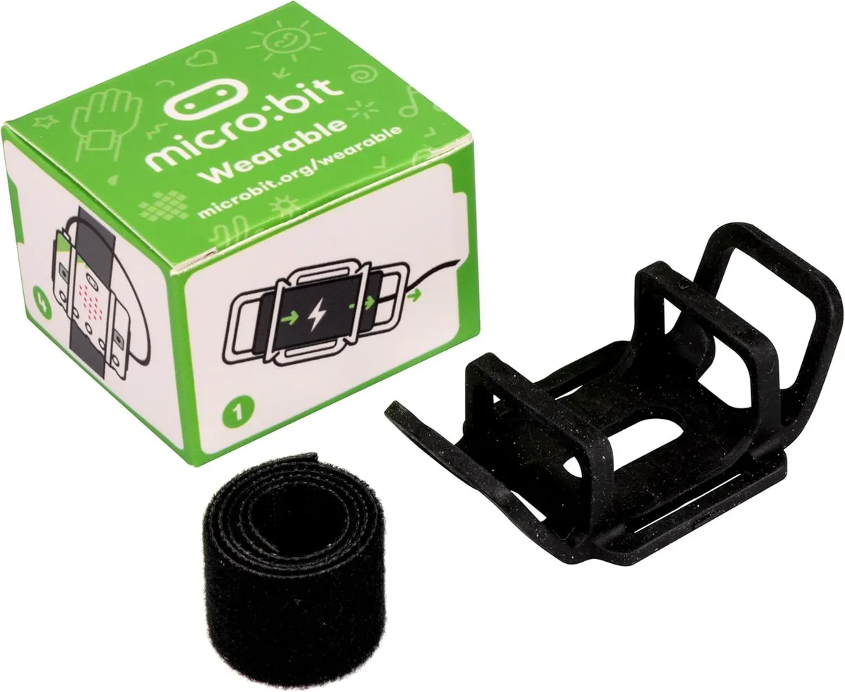 Orange flexible rubber holder with hook-and-loop wrist strap for micro:bit board