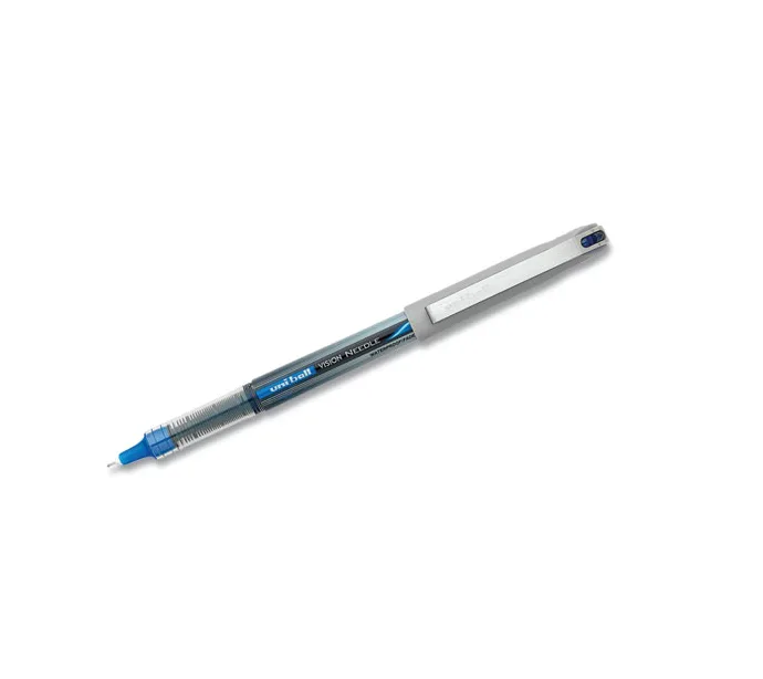 Twelve capped rollerball pens, micro 0.5 mm tip, blue ink, black and blue barrels
