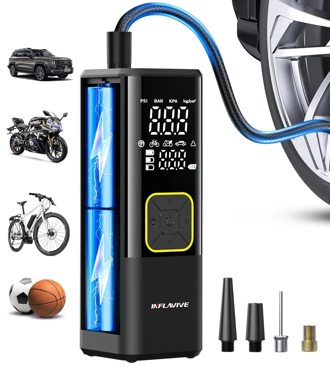 Black cordless tire inflator with digital gauge and LED light