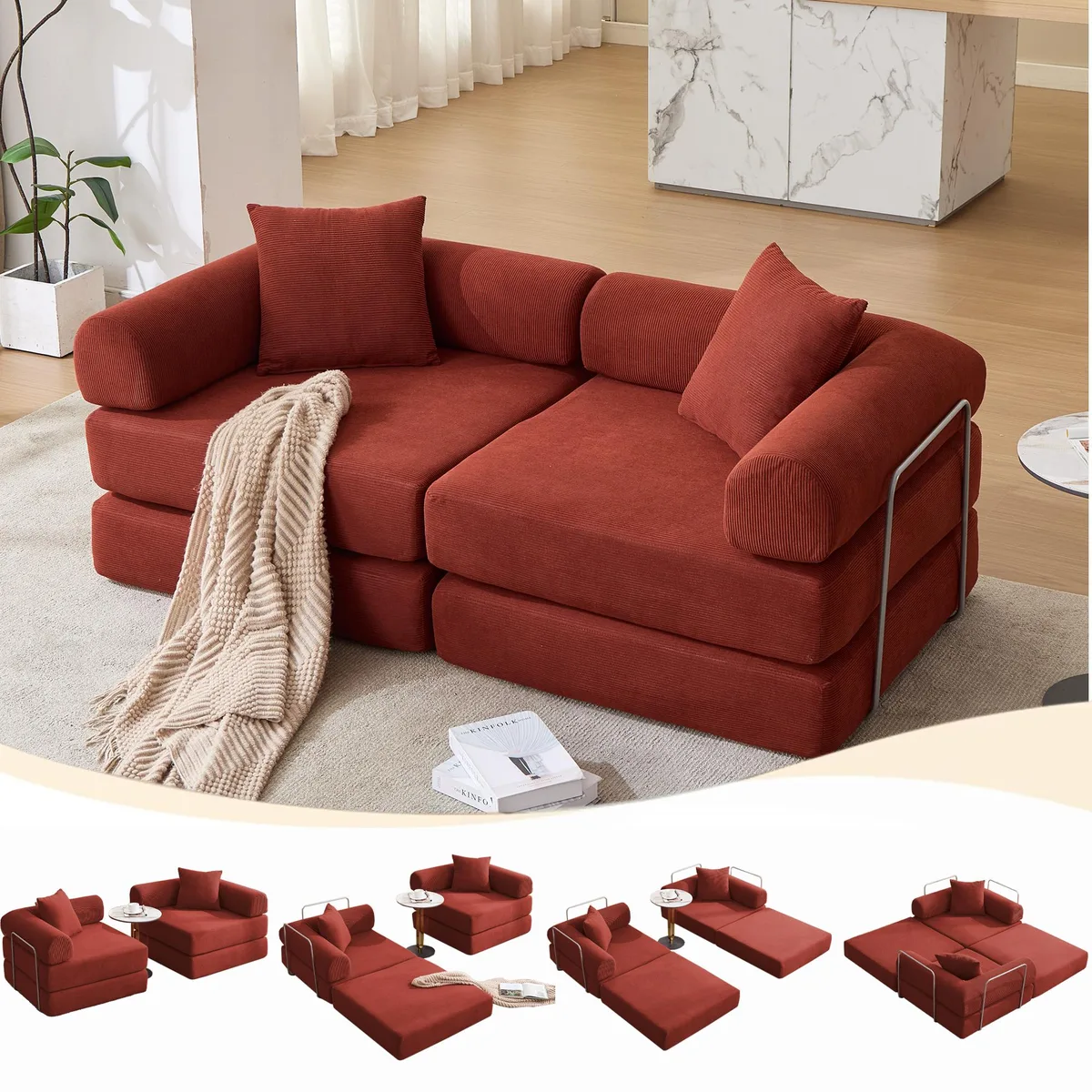 Red corduroy modular sofa bed with four folding sections and removable armrests on iron frame