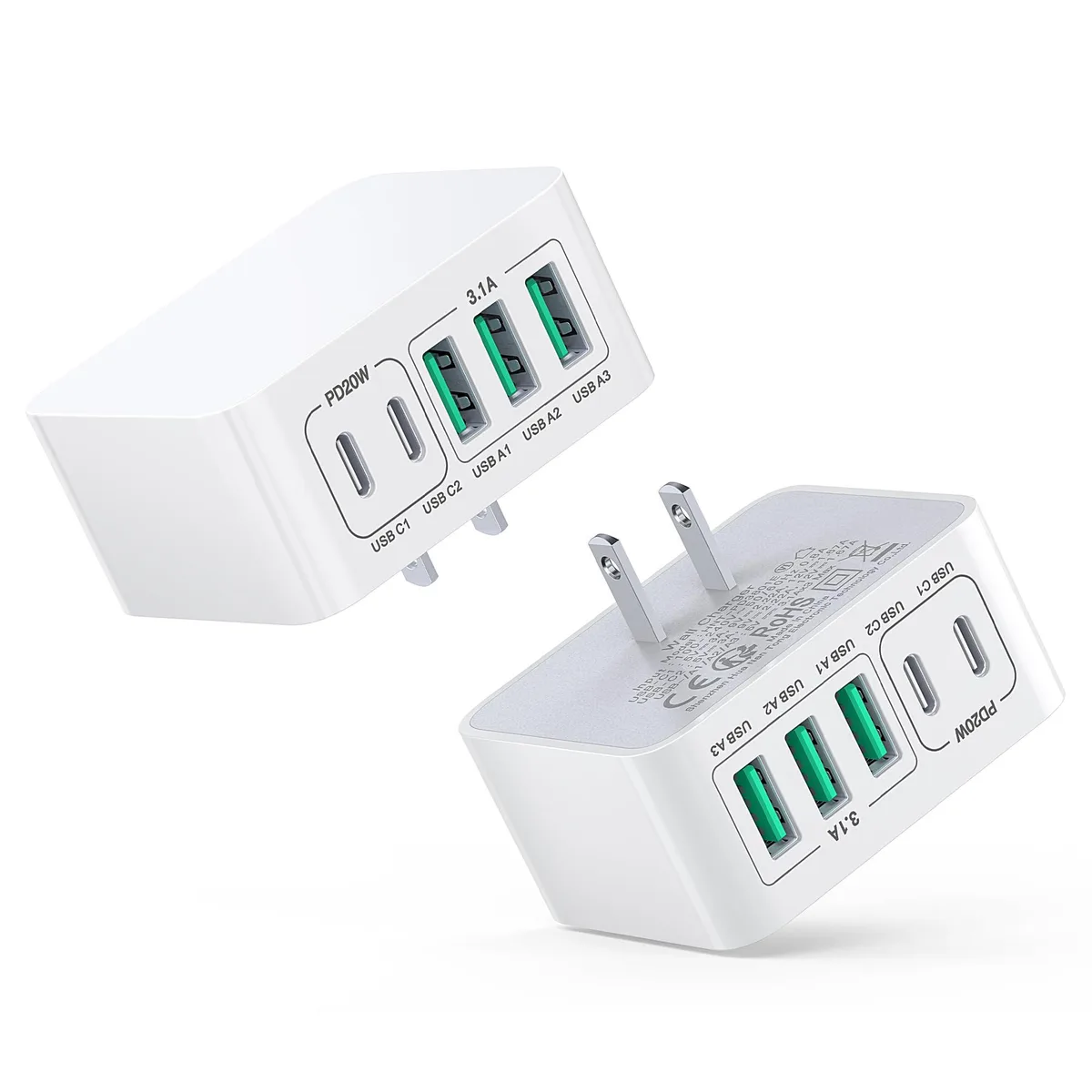 Two thin flat white wall chargers each with five ports
