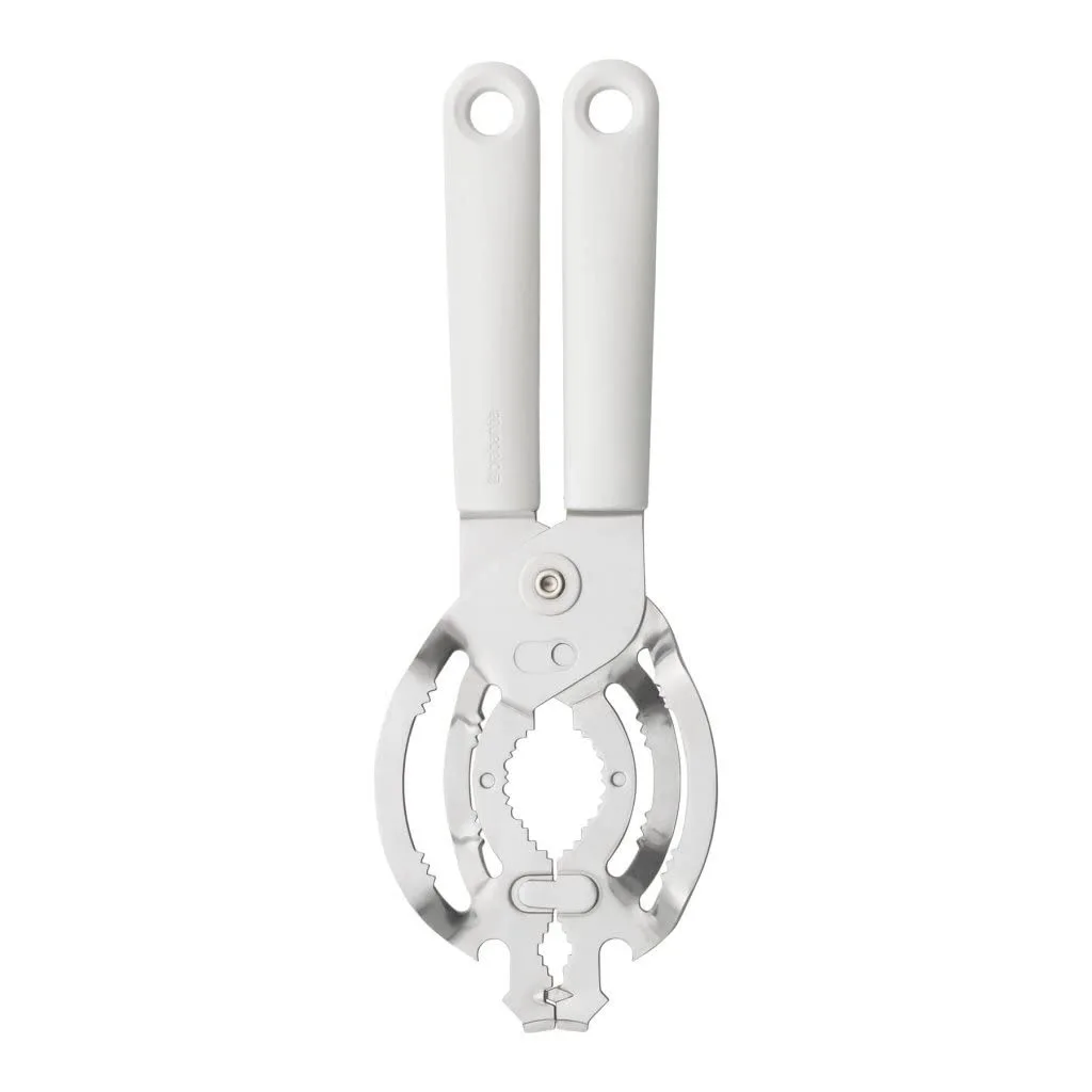 Light grey stainless steel manual can opener with curved handles and hanging loops