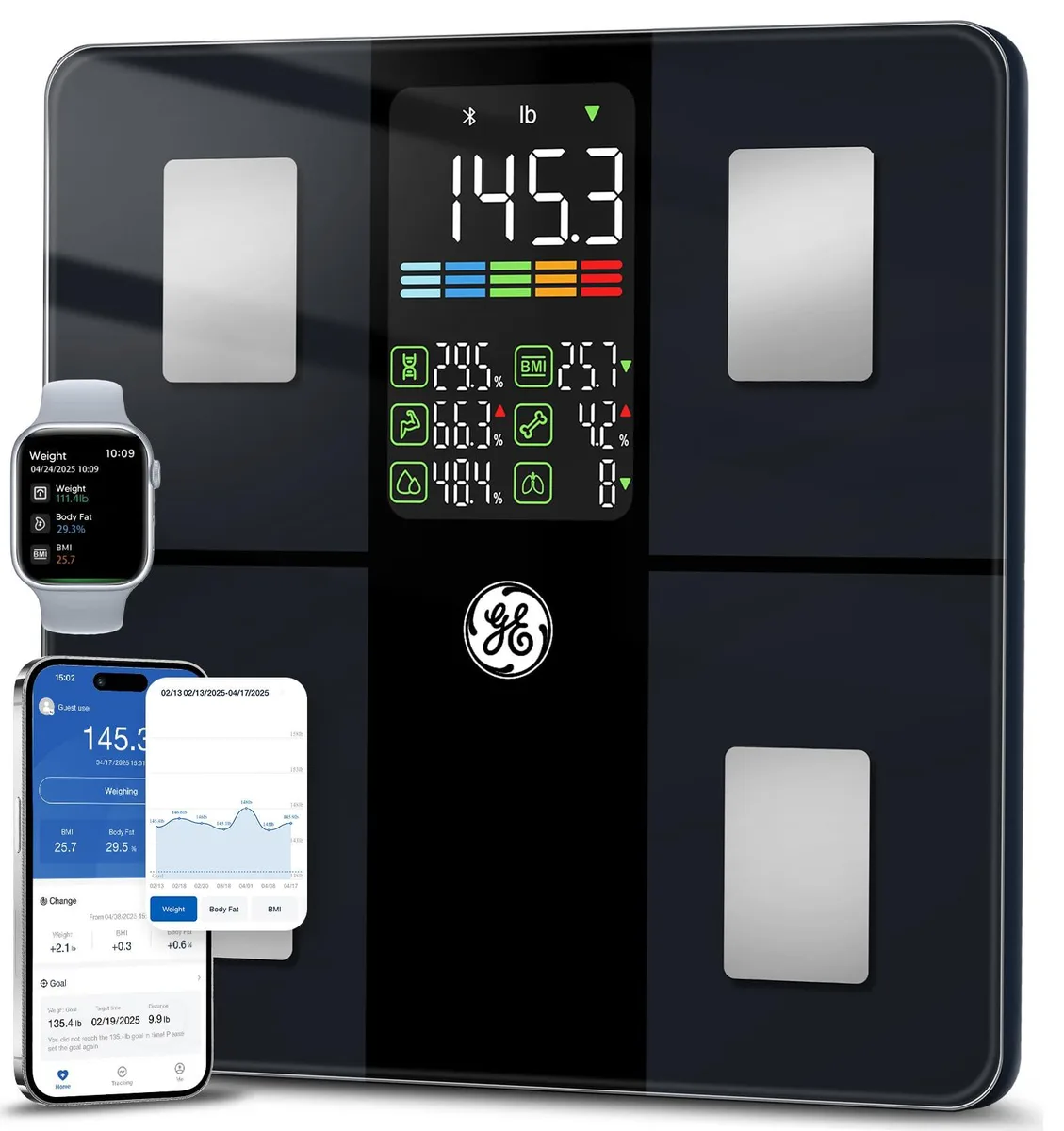 Black smart bathroom scale with 5.3 inch colour display and tempered glass platform