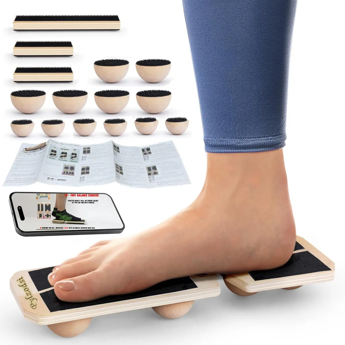 Wooden ankle balance board with adjustable hemisphere and crossbar, textured anti-slip surface, supports 300 lbs, pack of 10